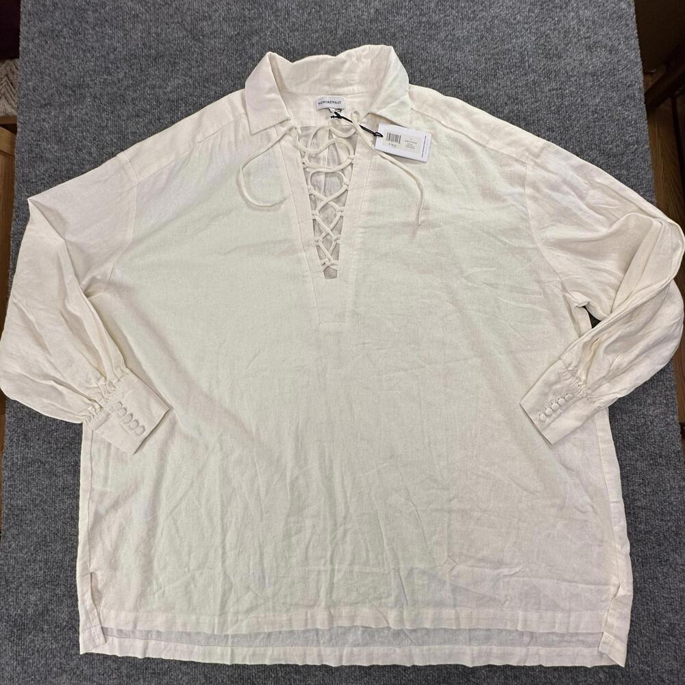WEWOREWHAT Lace-Up Caftan‎ Linen Solid Off White Blouse, Size L #330